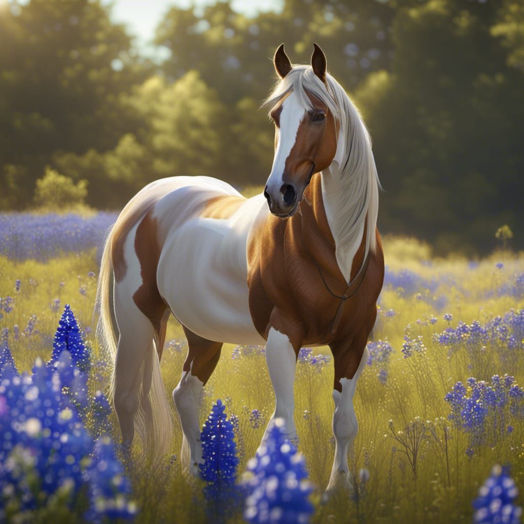 Buckskin Pinto Horse in Bluebonnet Meadow
