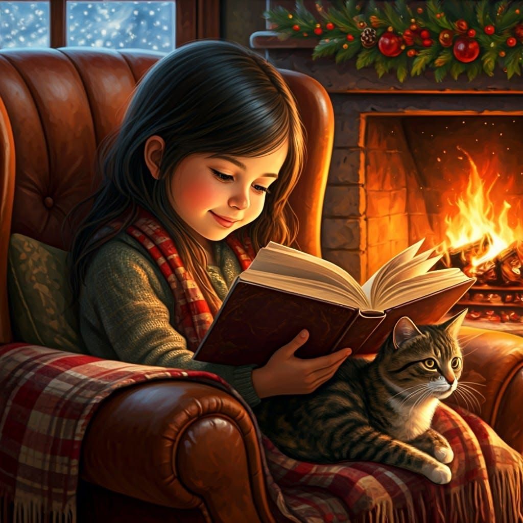 Cozy Fireplace Reading in Kinkade Style