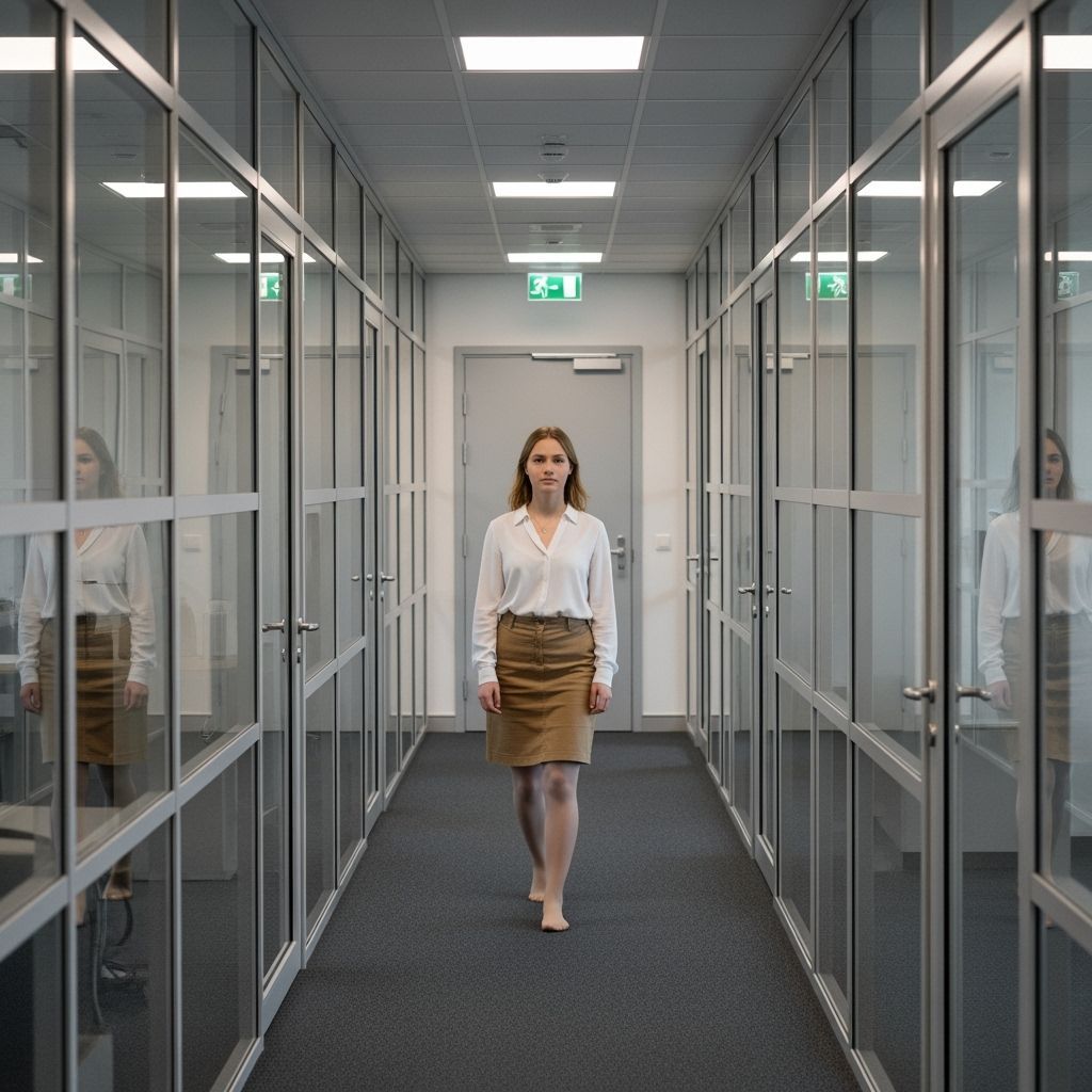 Woman in Conservative Outfit Walks Through Modern Office Hal...