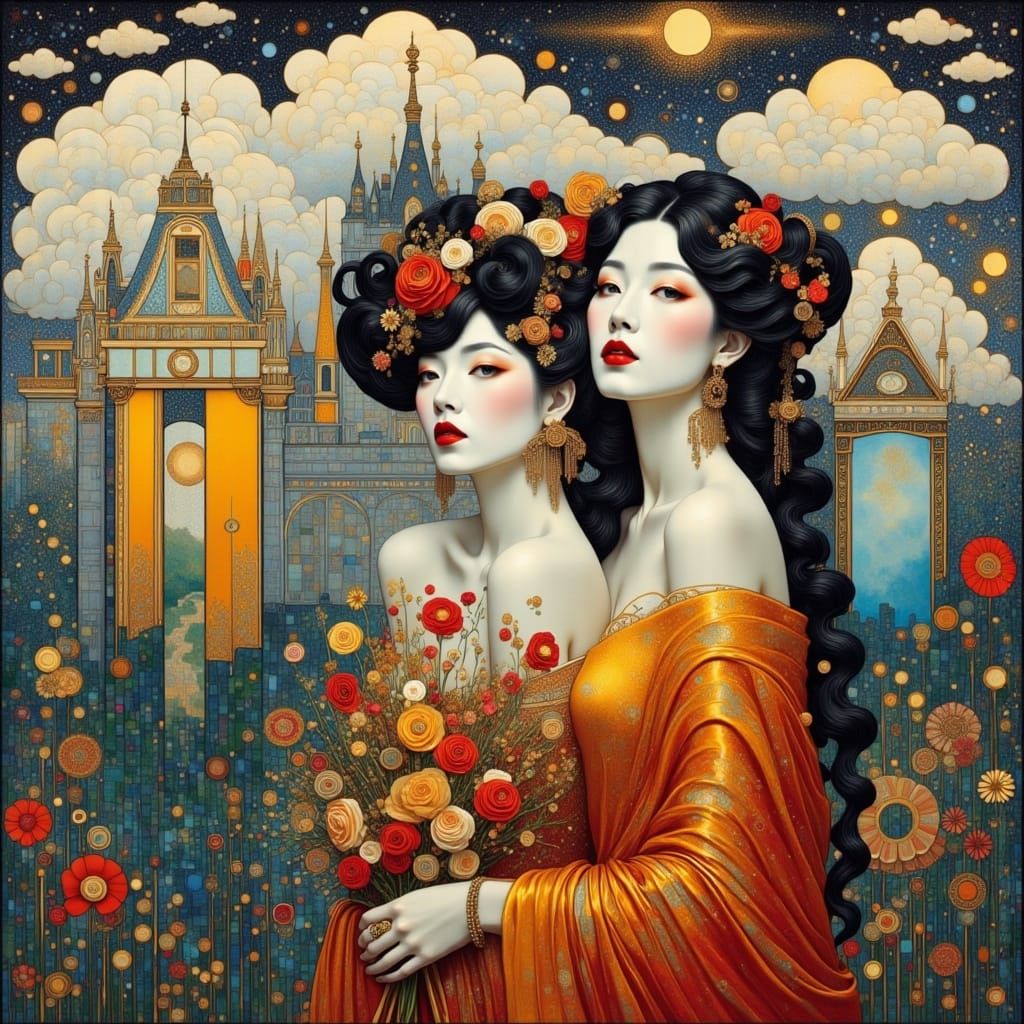 Obsidian Spirit Women Before Castle, in Parrish Style