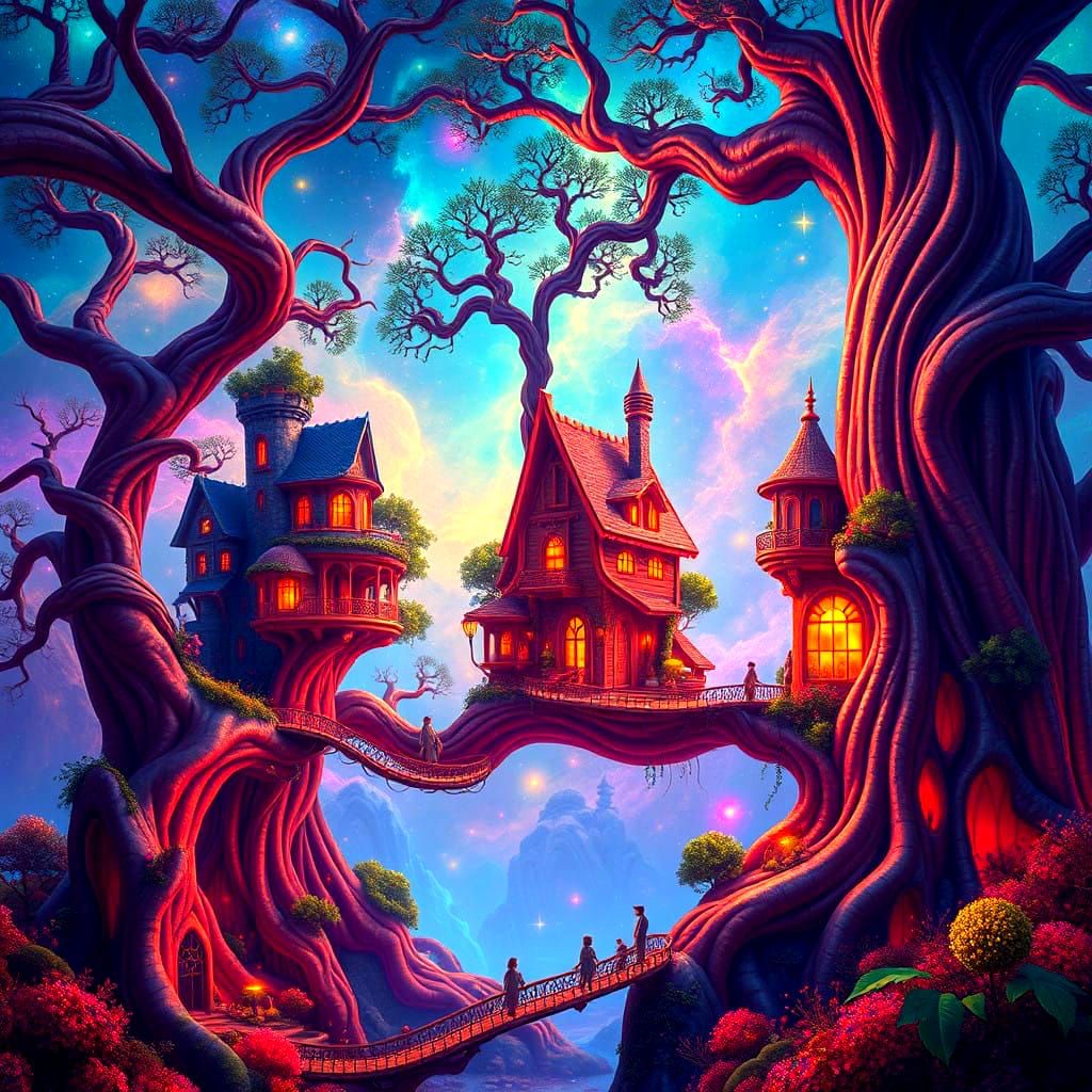 Surreal Forest World with Twisted Homes and Bioluminescent B...