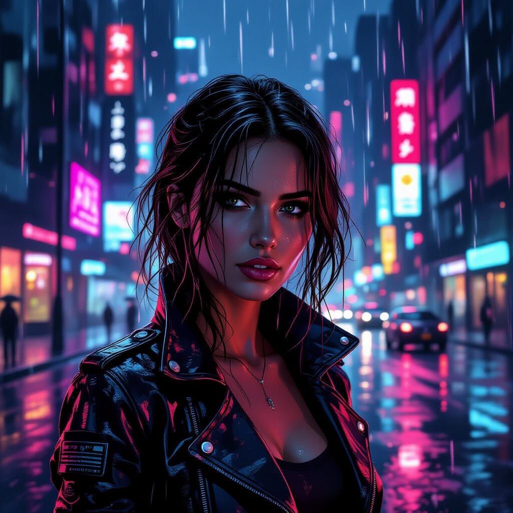 Cyberpunk City Rain Evening with Sci-Fi Heroine