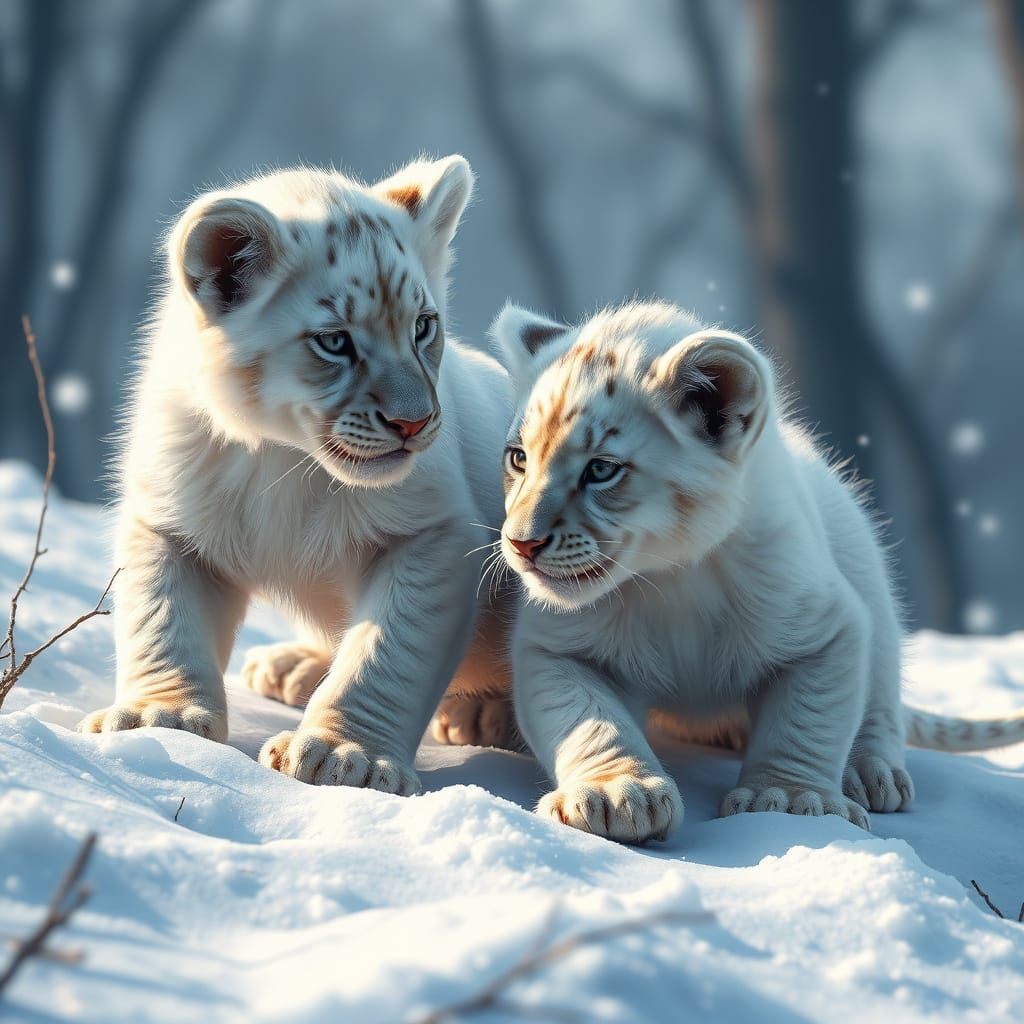 Luminous Lion Cubs frolic in Winter Wonderland