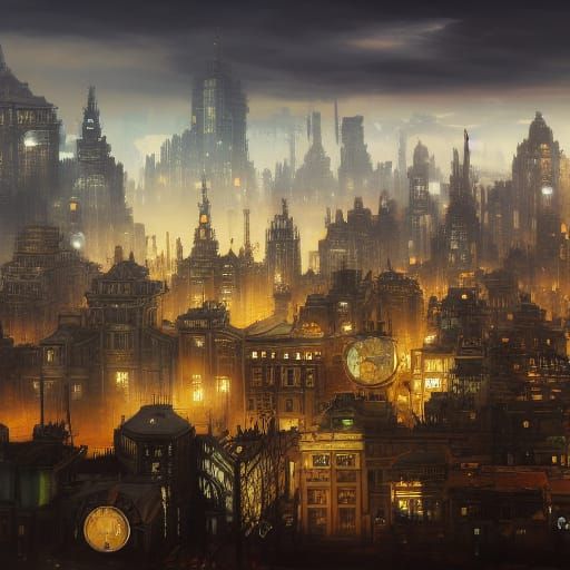 Steampunk City District in Detailed Oil Painting