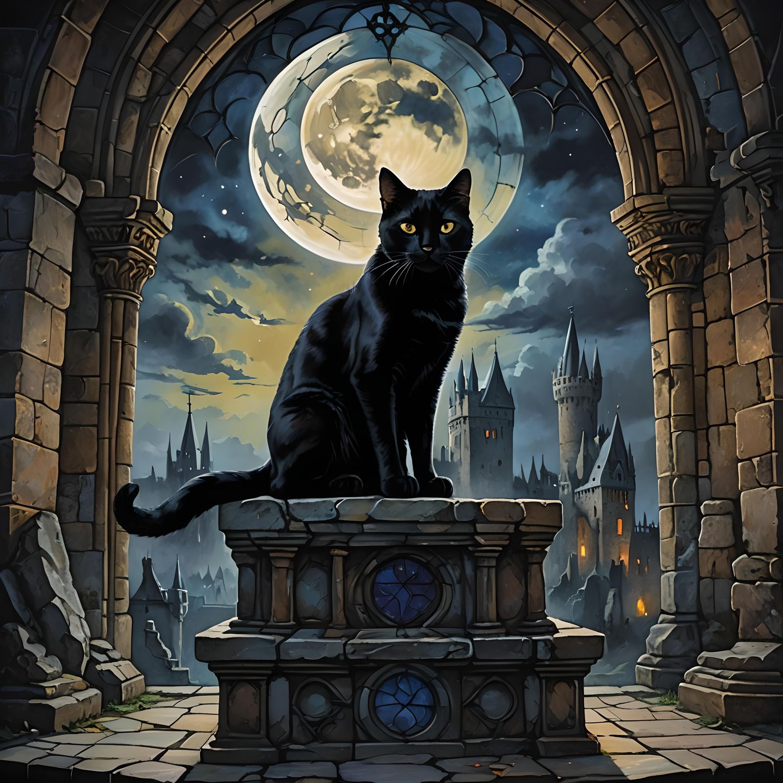 Medieval Black Cat Portrait Under Moonlight