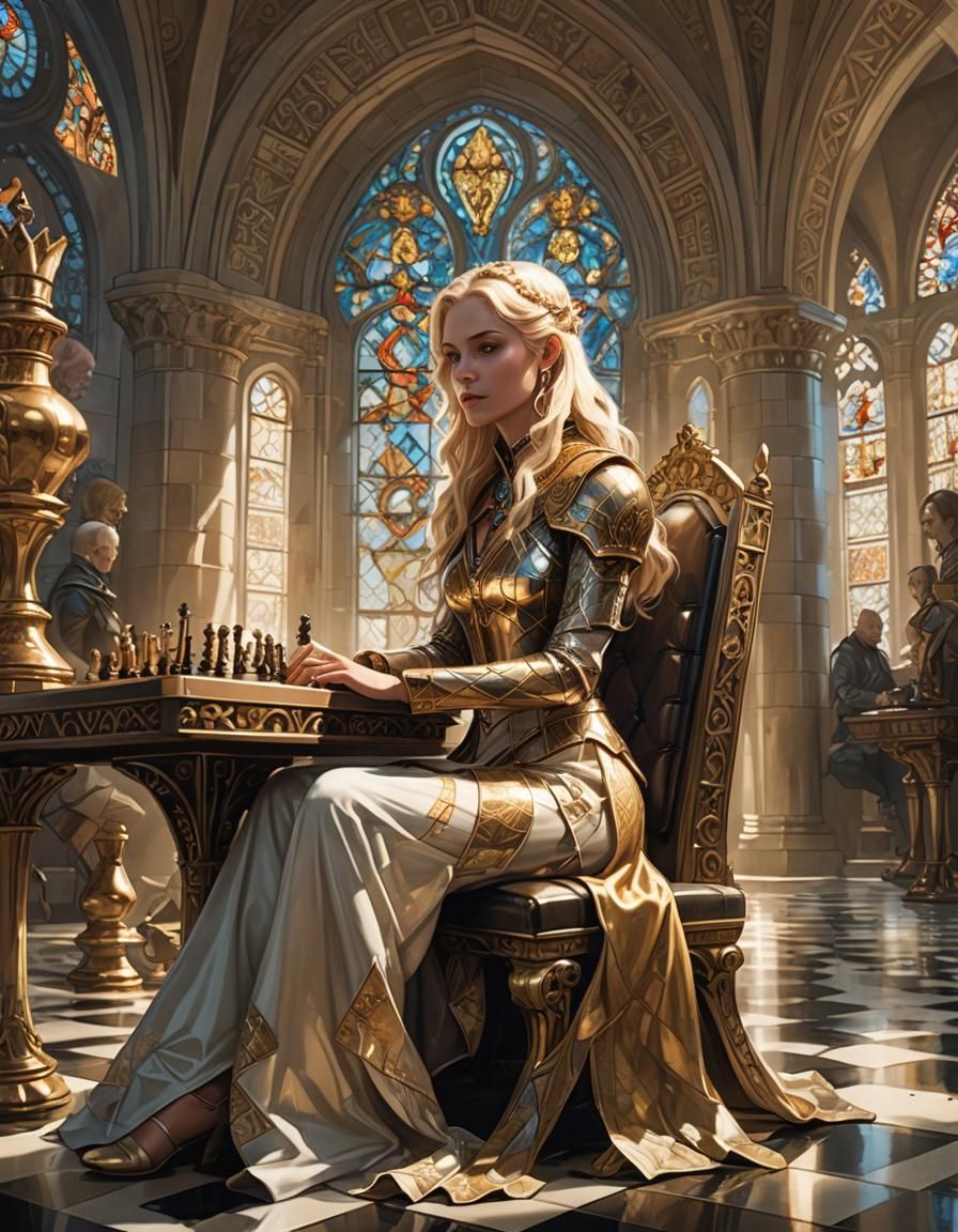 Fantasy Queen Plays Chess in Art Deco Vault