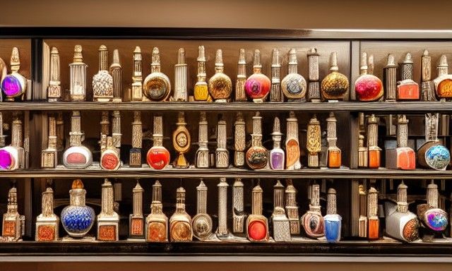 Detailed Perfume Bottle Display in Art Deco Style