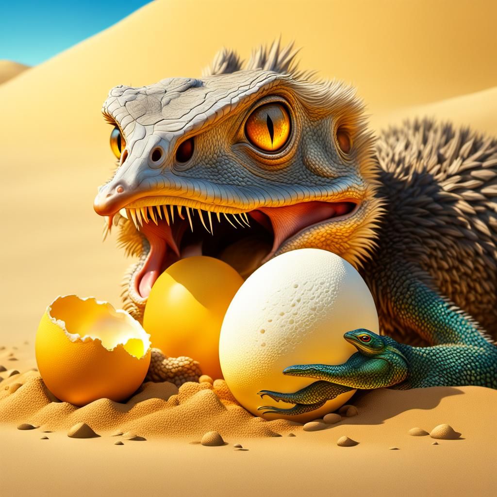A lizard licking an ostrich egg lying in soft sand ,the egg is covered in blowing yellow Māori art
