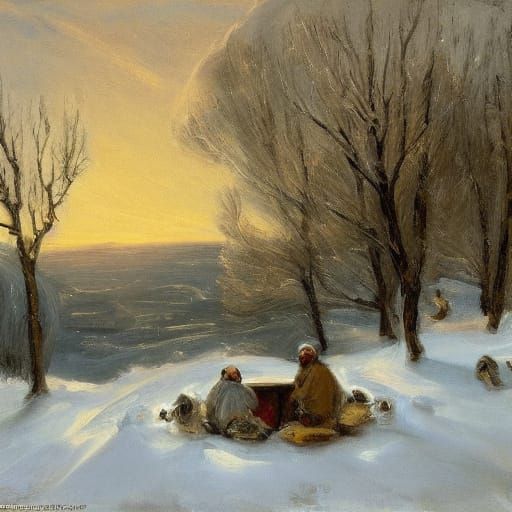 Mice Gathered Around a Winter Campfire in a Byzantine Landsc...