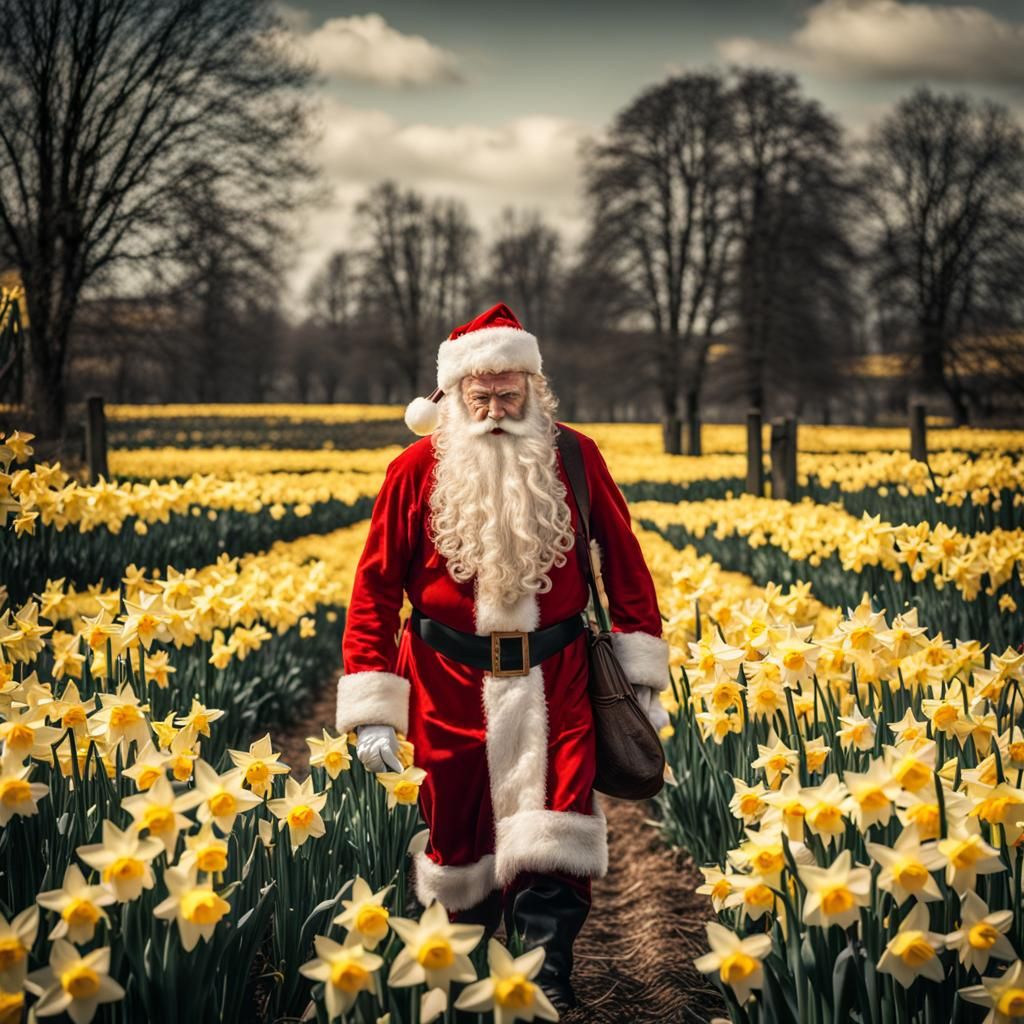 Santa Claus Walks Through Daffodils, Hyperrealistic Render