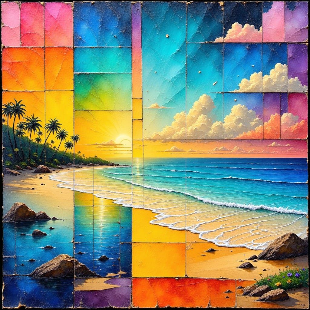 Vibrant Rainbow Beach Scene with Ethereal Elements