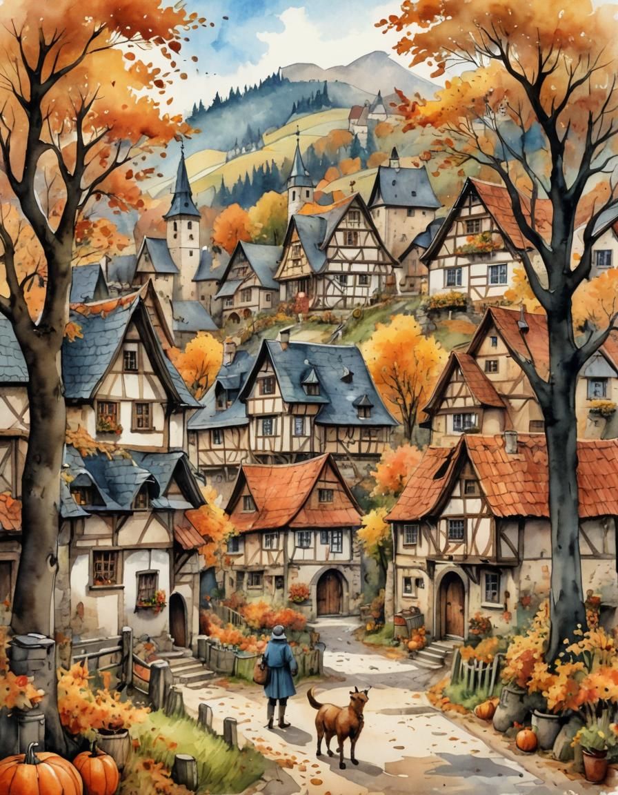 Charming Medieval Village Embraces Autumn: Watercolor Art