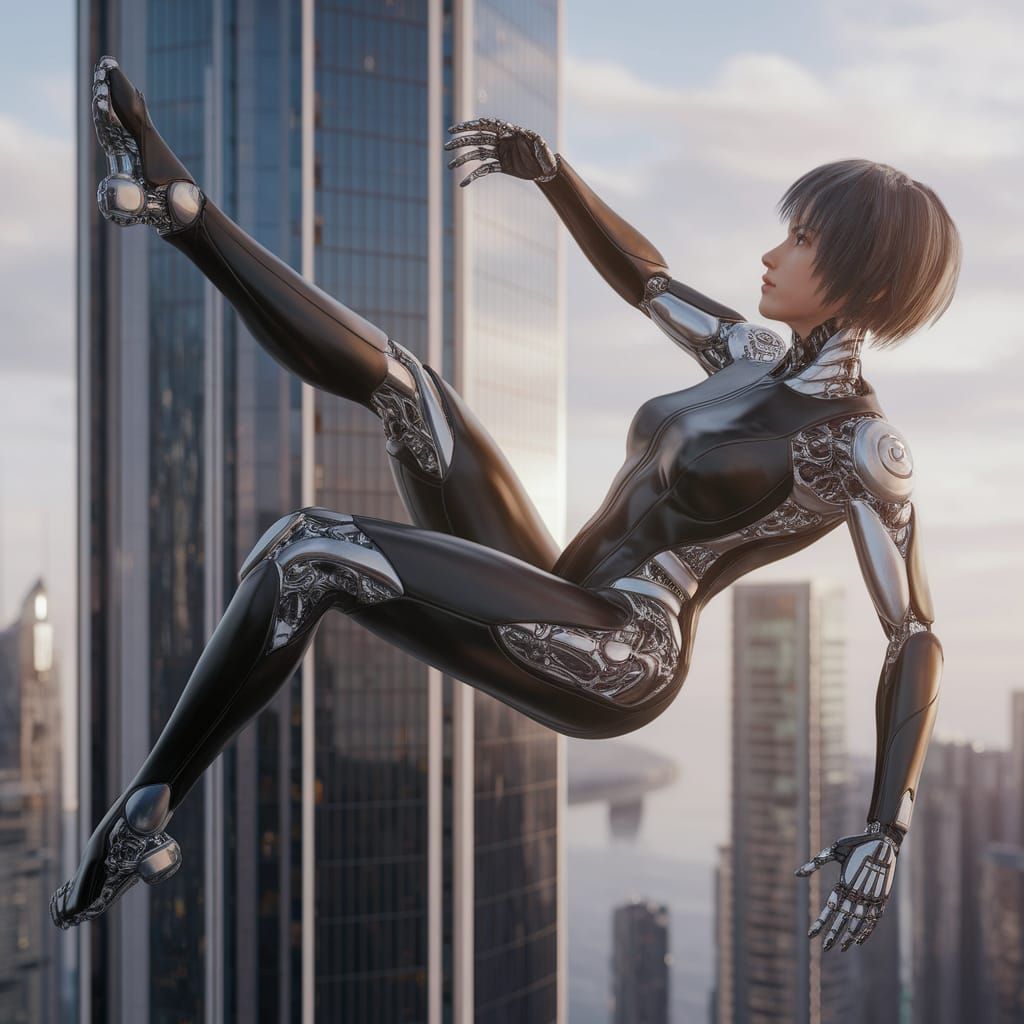 Female Cyborg Falling from Skyscraper in 3D Anime Style