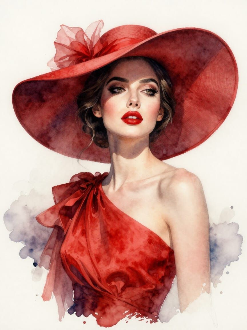Watercolor Portrait of Woman in Red Dress and Hat