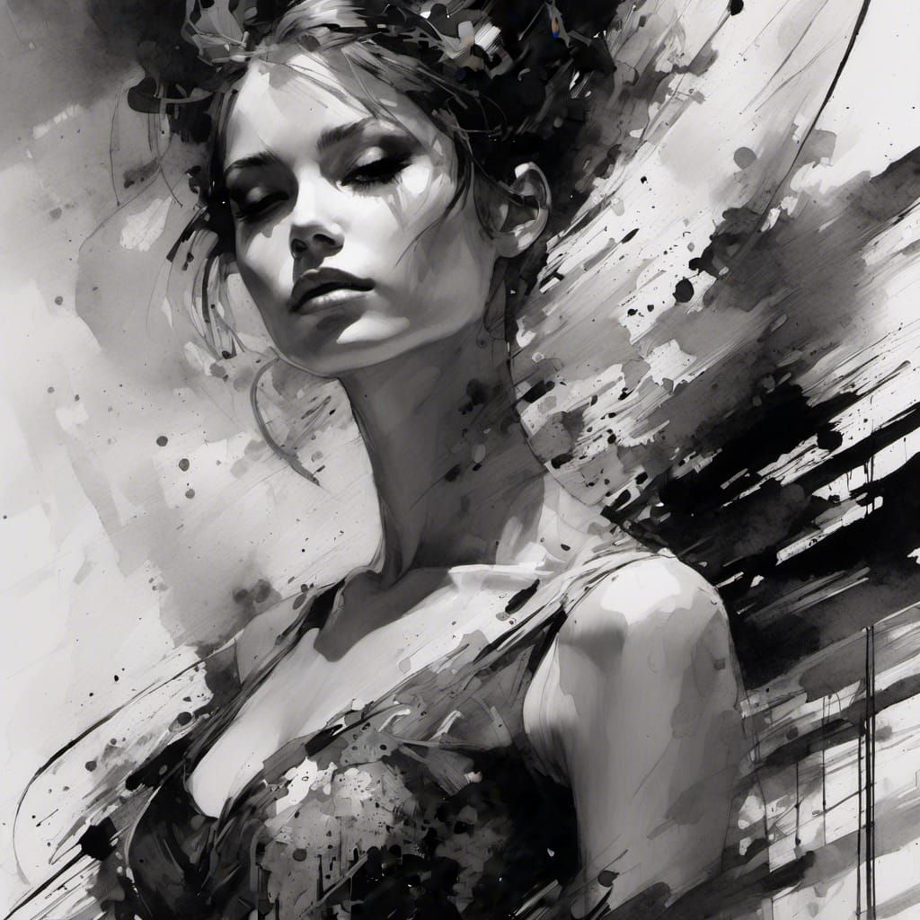 Ballet Dancer in Black and White Ink Drawing