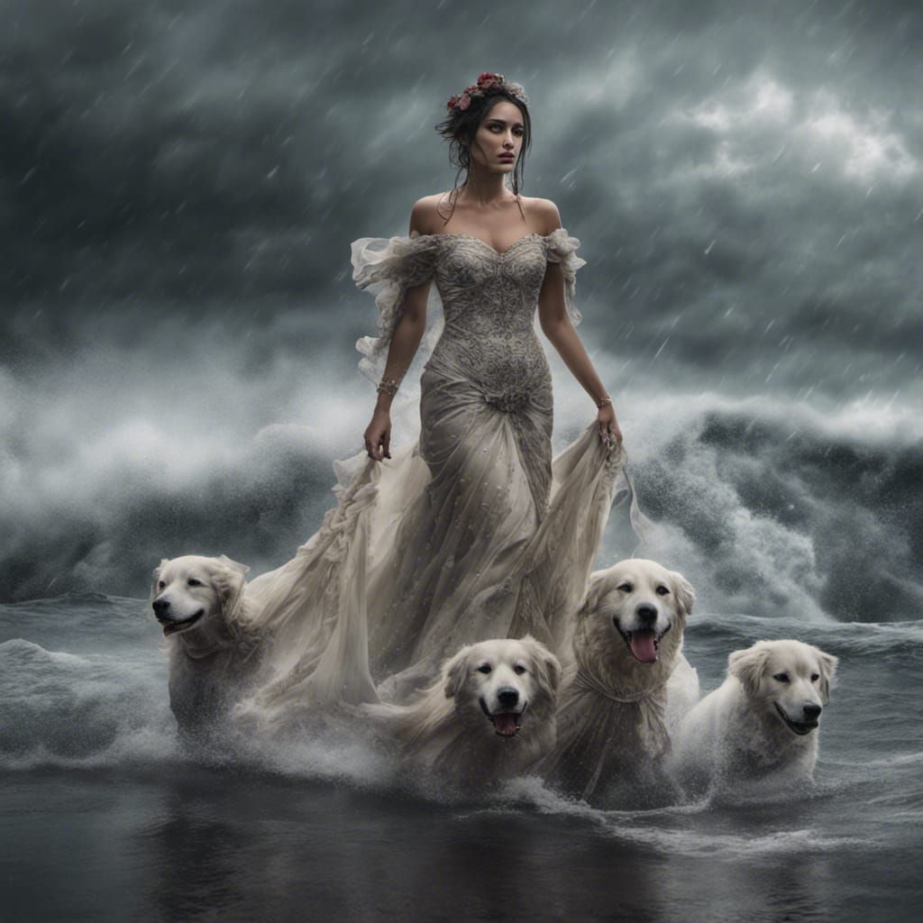 Gothic Goddess Walks Dog Through Storm