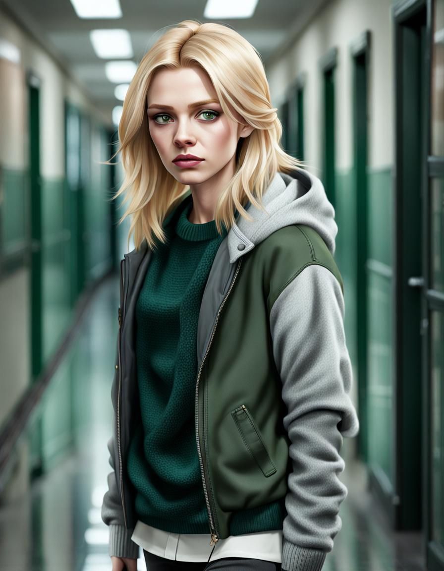 Photorealistic Teenage Girl in School Corridor