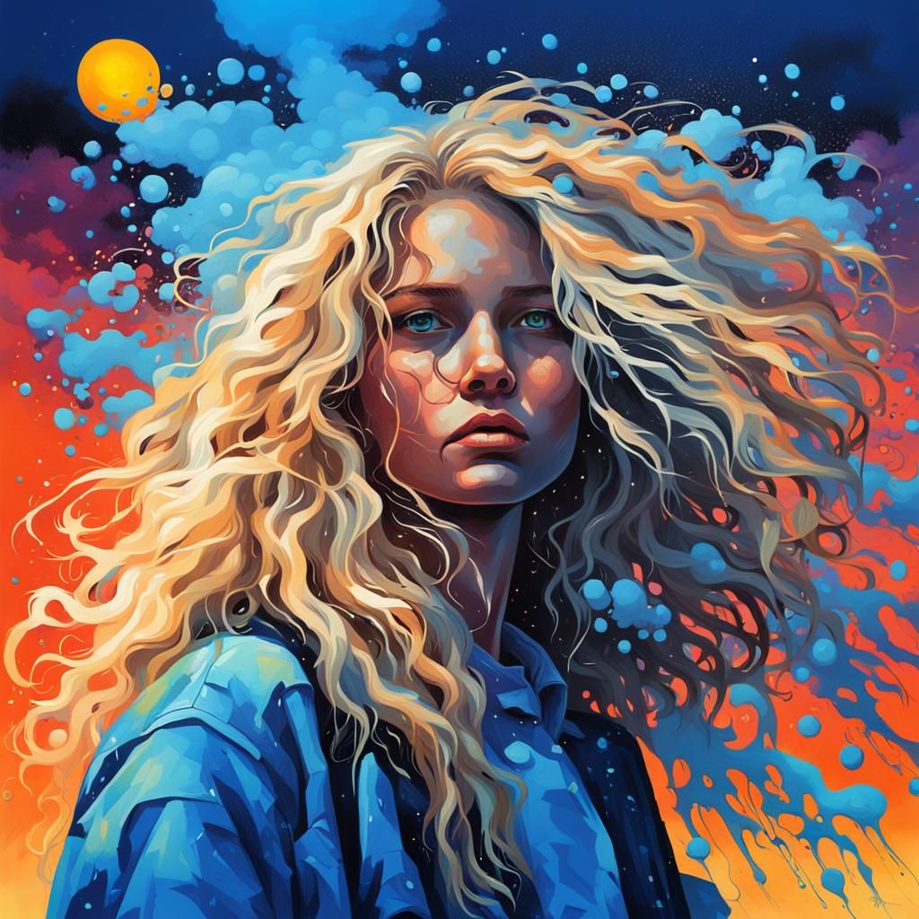 Blonde Woman at Sunset in Graffiti Art Style