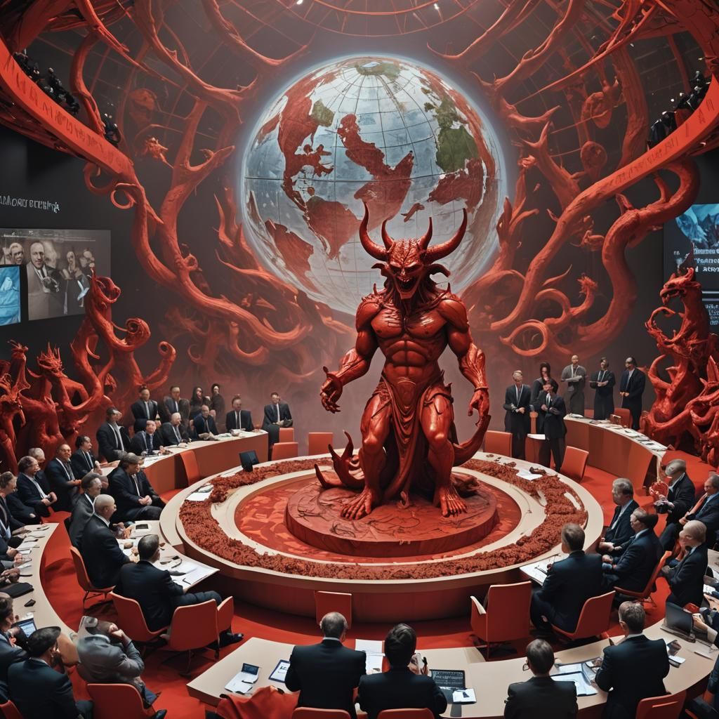 Devil Statue at World Economic Forum, Surrealist Matte Paint...