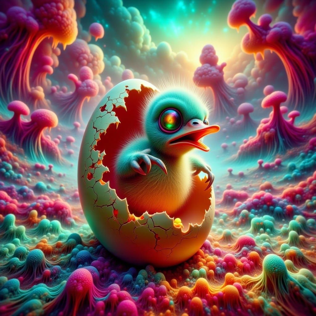 Cute Xenomorph Duckling in Chromatic Surrealism Landscape