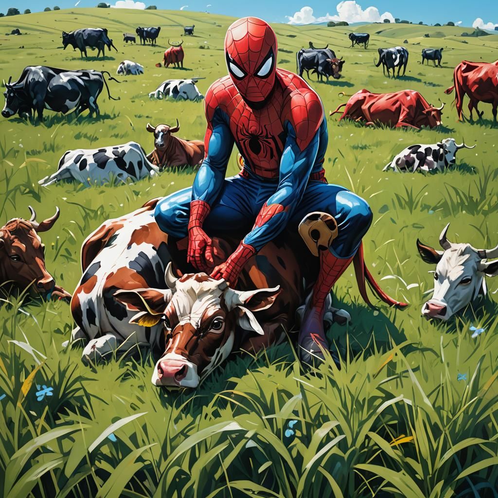 “Spider-Man sitting calmly on a cow in a grassy field, clear...