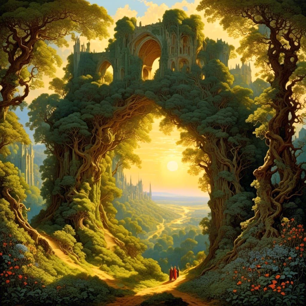 Magical Druidic Archway Tapestry with Fairy Castle