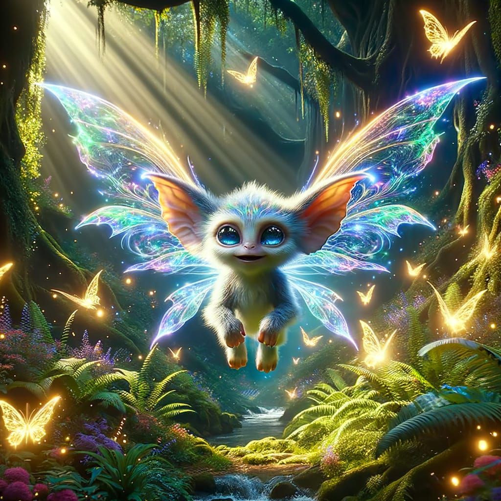Rainbow-Winged Gremlin in Magical Forest
