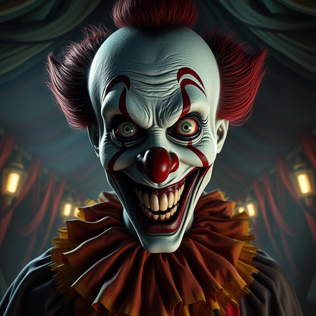 Grotesque Clown in Dark Circus Tent