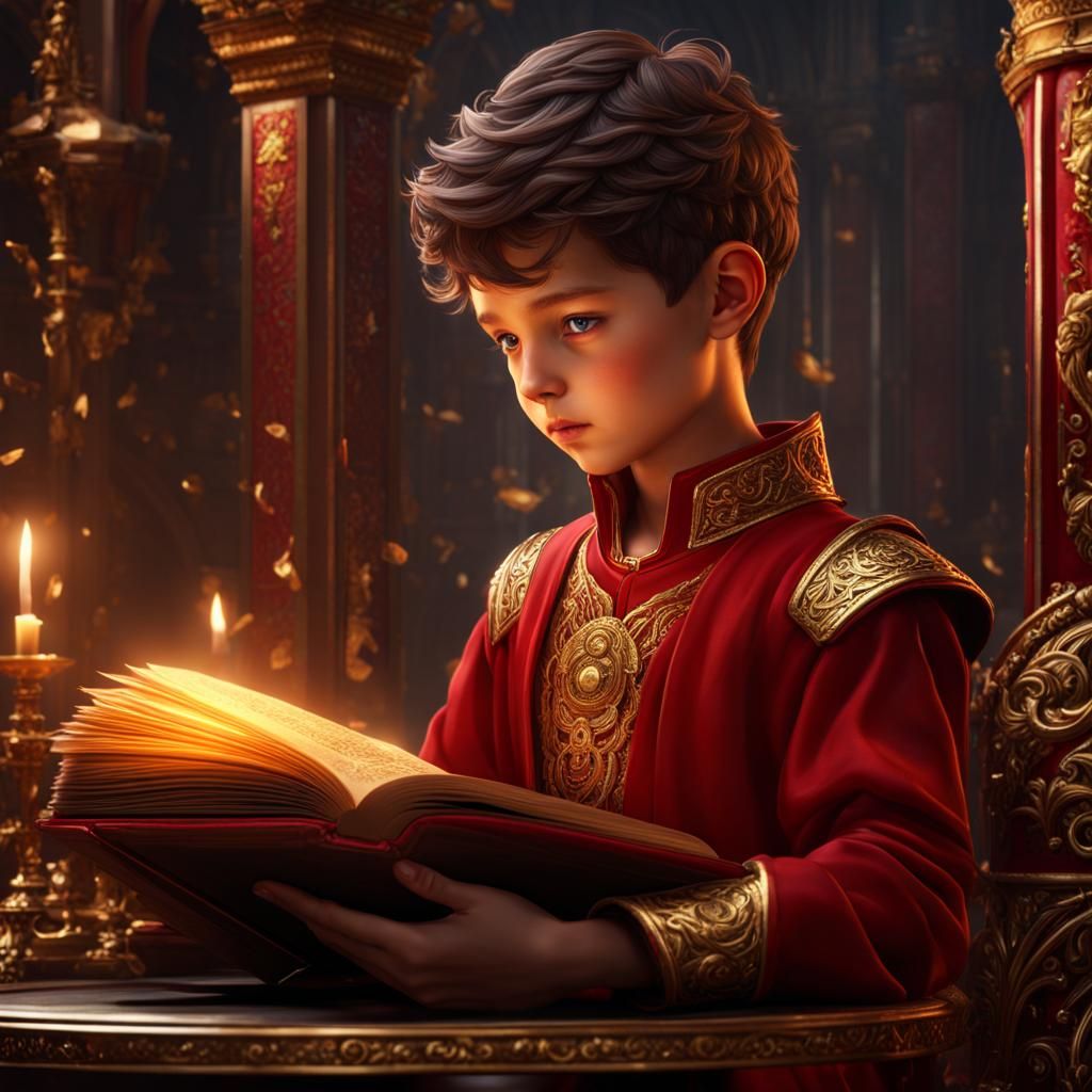 Boy Reads Golden Book: Detailed Fantasy Art