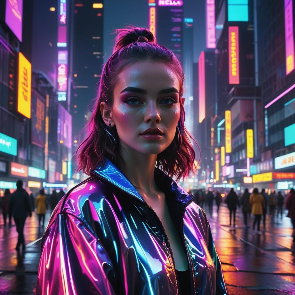Synthwave Girl in Neon Cityscape: Retro Art