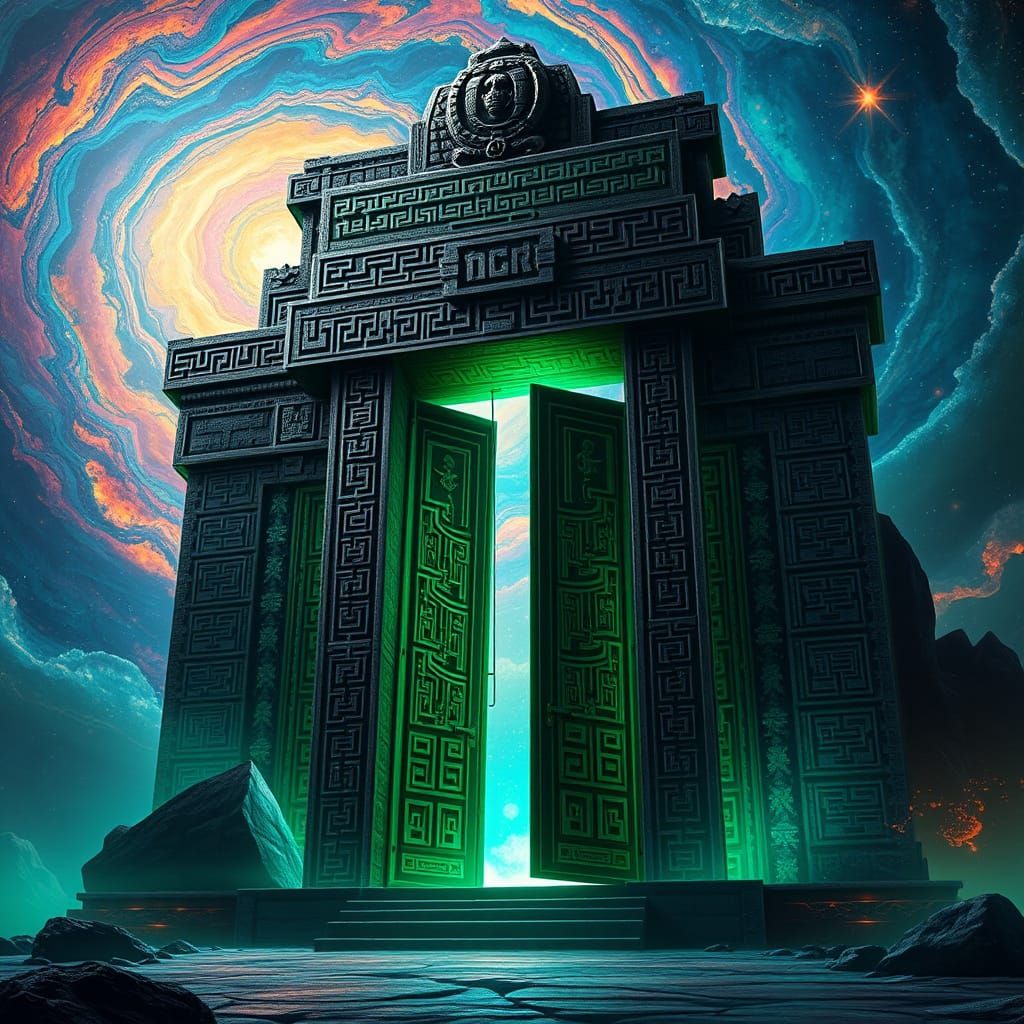 Ethereal Emerald Obsidian Gate in a Swirling Vortex of Nebul...