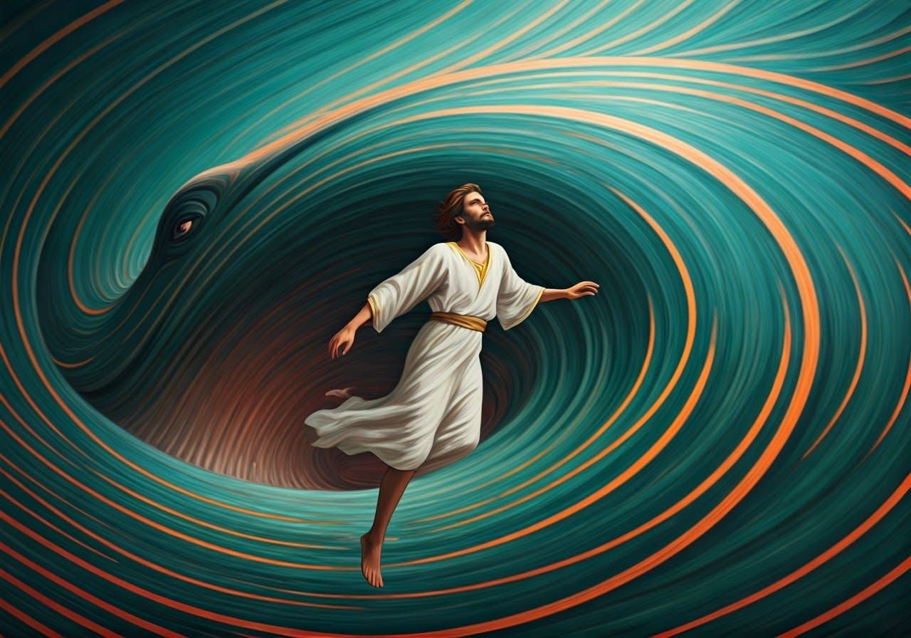 Young Man Swallowed by a Swirling Whale in Dreamlike Surreal...