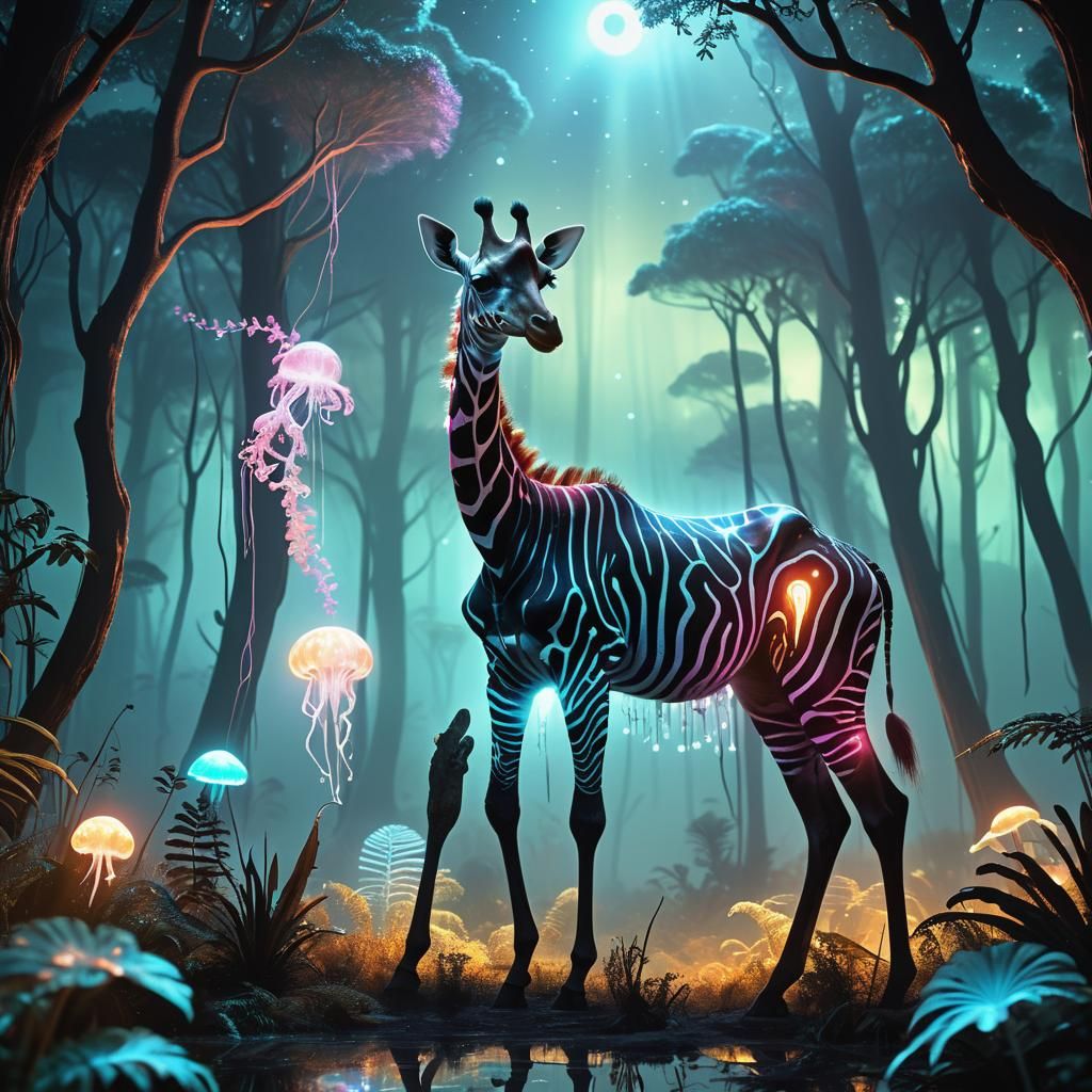 Bioluminescent Okapi-Giraffe-Zebra Hybrid in Alien Forest