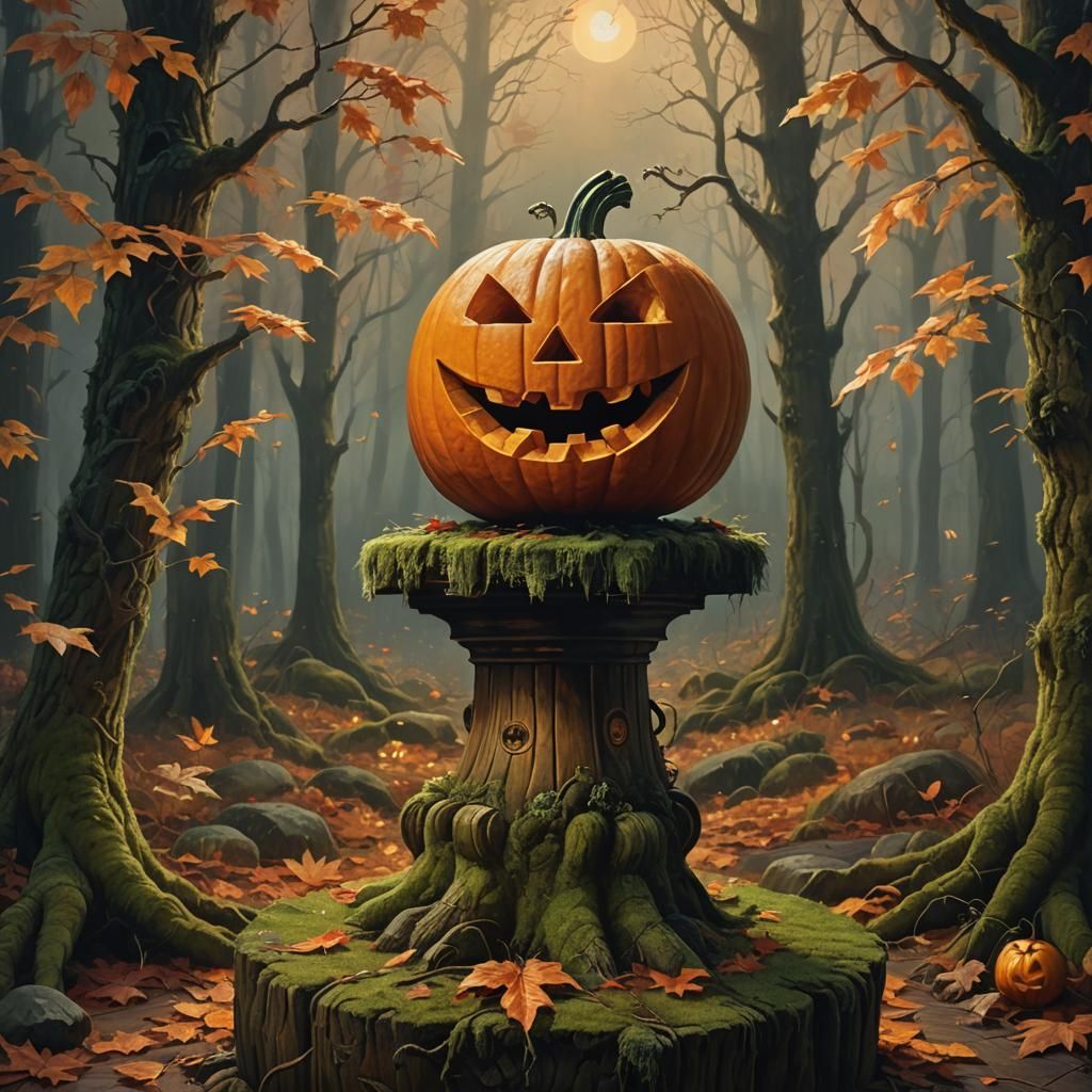 Eerie Jack-O-Lantern in Misty Moonlit Forest