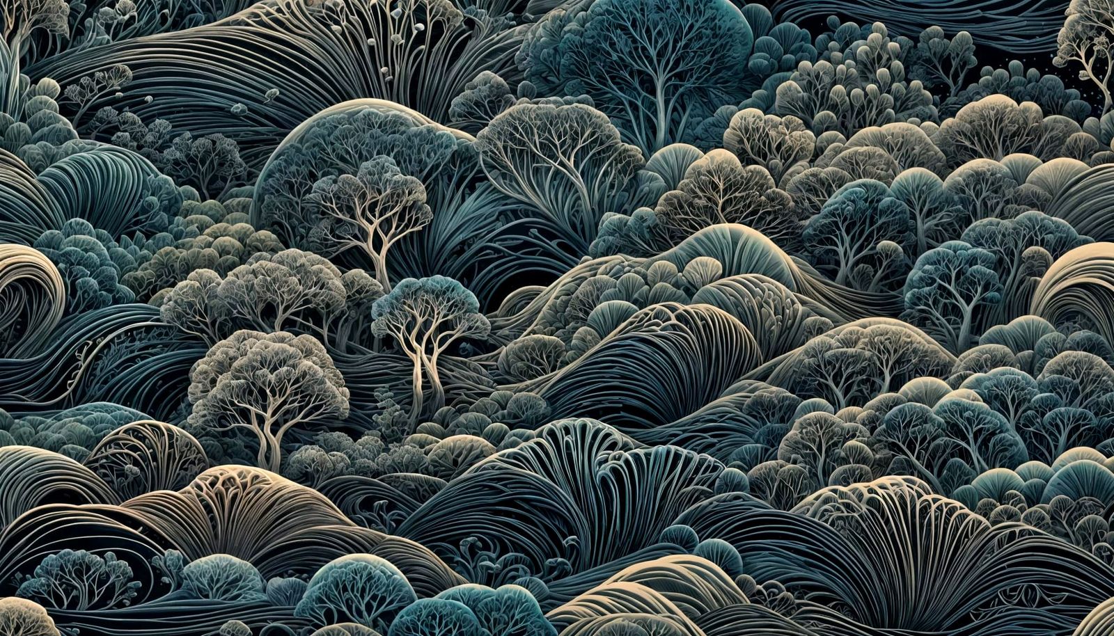 Icy Bonsai Village Wave in Sumi-e Style