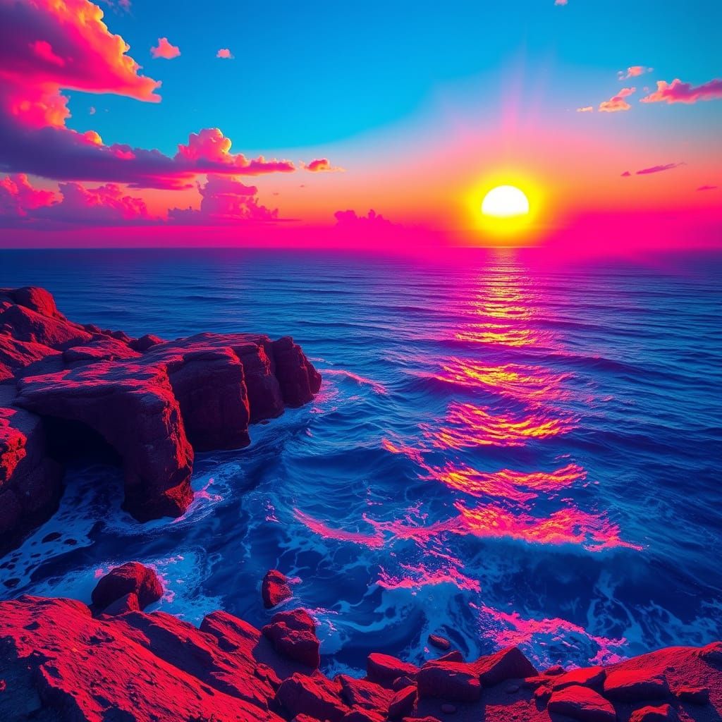 Psychedelic Landscape with Glowing Ocean in Velvet Poster St...