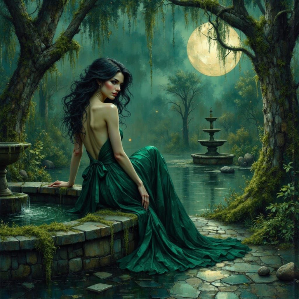 Raven-Haired Beauty in Emerald Gown in Moonlit Garden