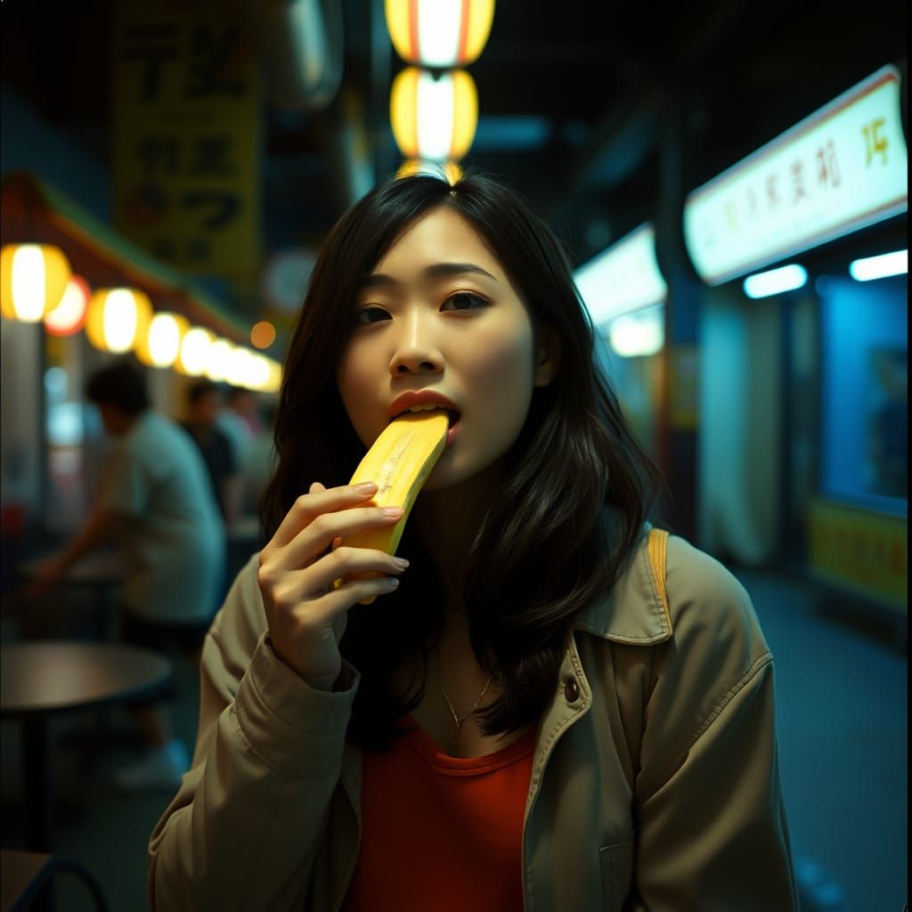 Cinematic Portrait of Woman Eating Banana