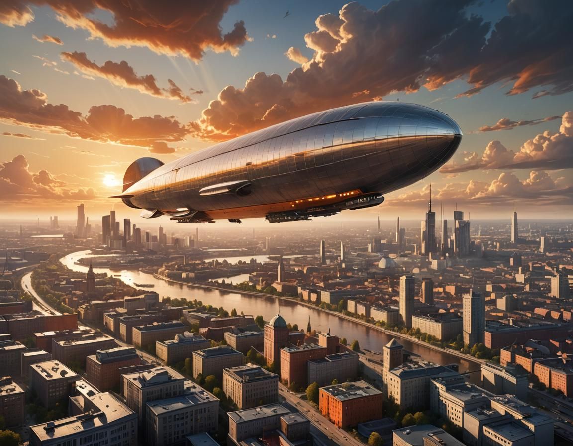 Futuristic Zeppelin Over Berlin in Industrial Sci-Fi Style