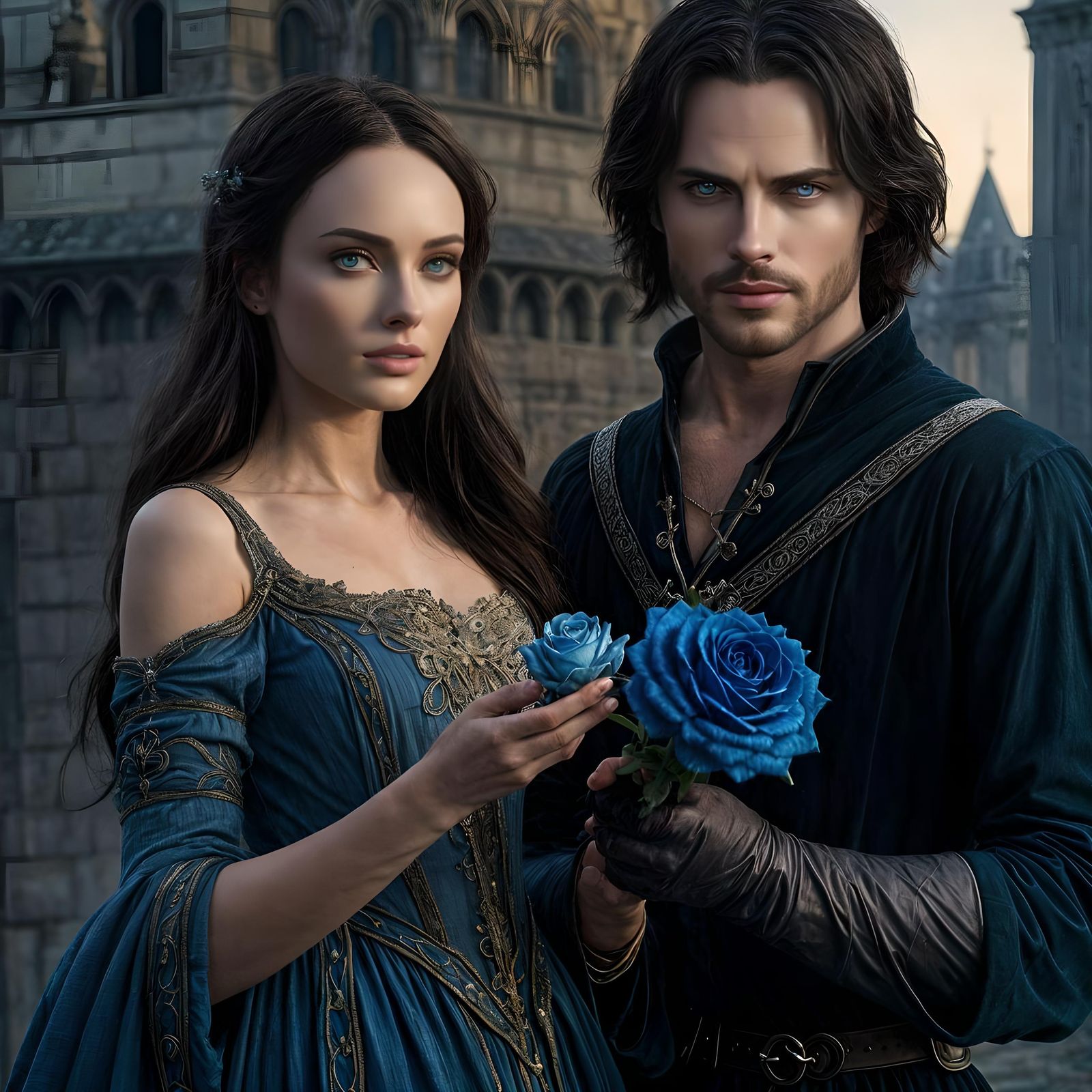 Magical Medieval Embrace: Sorcerer and Sorceress Portrait