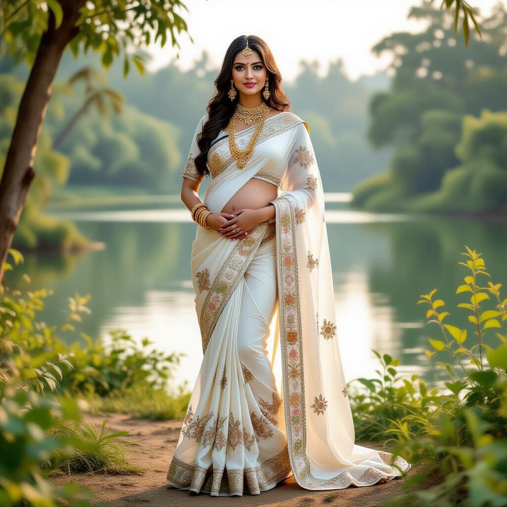 Pregnant Indian Woman in White Saree, Classical Style