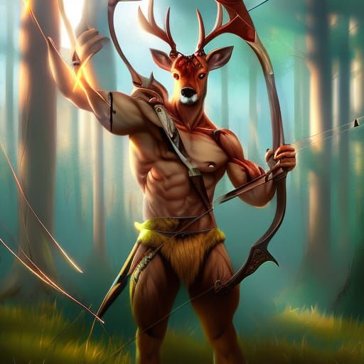 Hyperrealistic Deer Archer in Forest at Dawn