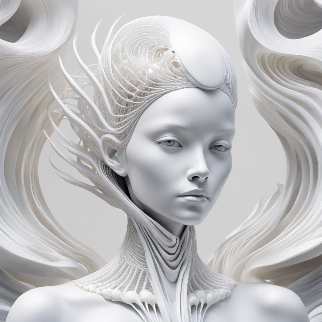 Futuristic Woman in Pearl-White Biomorphic Setting