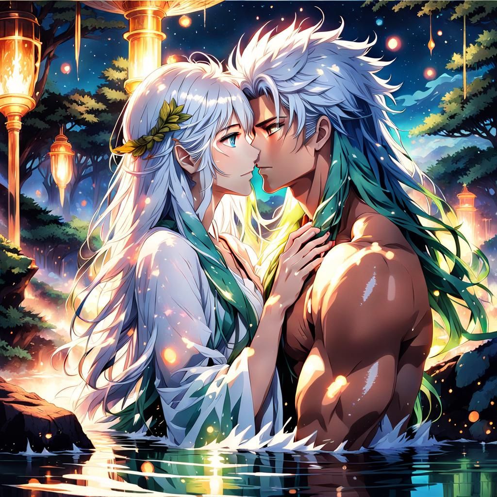 Young Man and Woman Kissing in Hot Spring