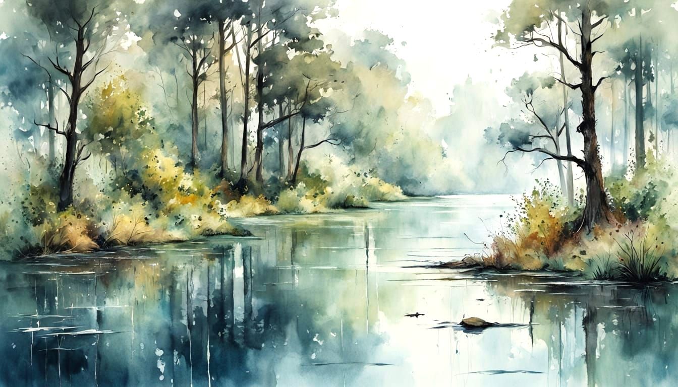 Forest Lake in Summer Rain, Watercolor Style