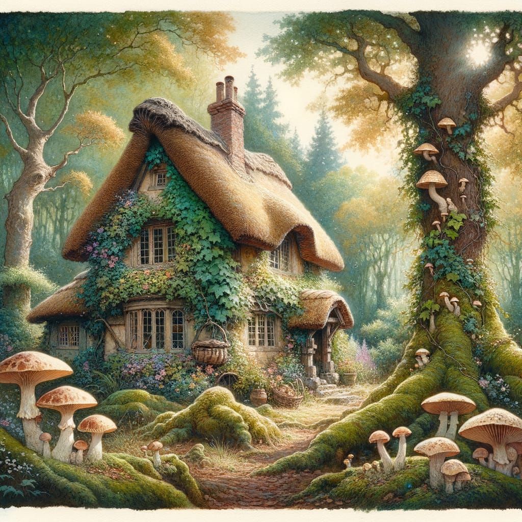 Whimsical Cottage Scene in Soft-Focus Watercolor Style