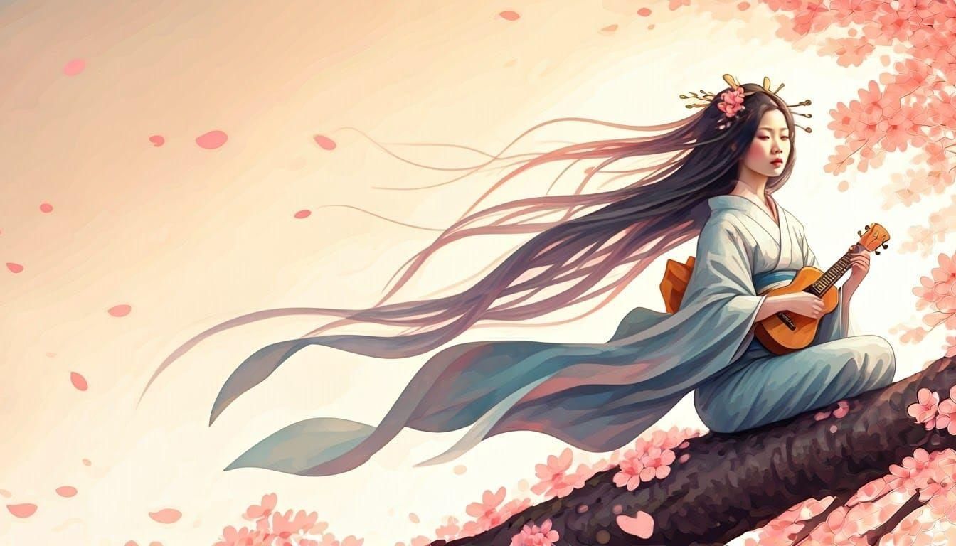 Ethereal Japanese Woman with Ukulele in Cherry Blossom Wind