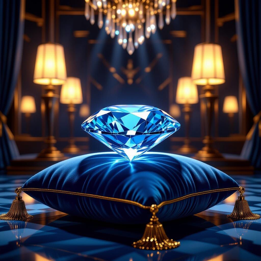 Luminous Blue Diamond on Velvet in Art Deco Room