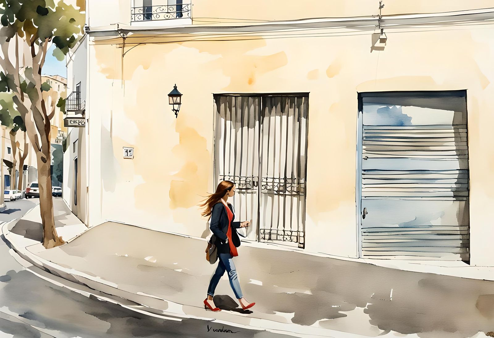 Watercolor Painting of Woman on a Street