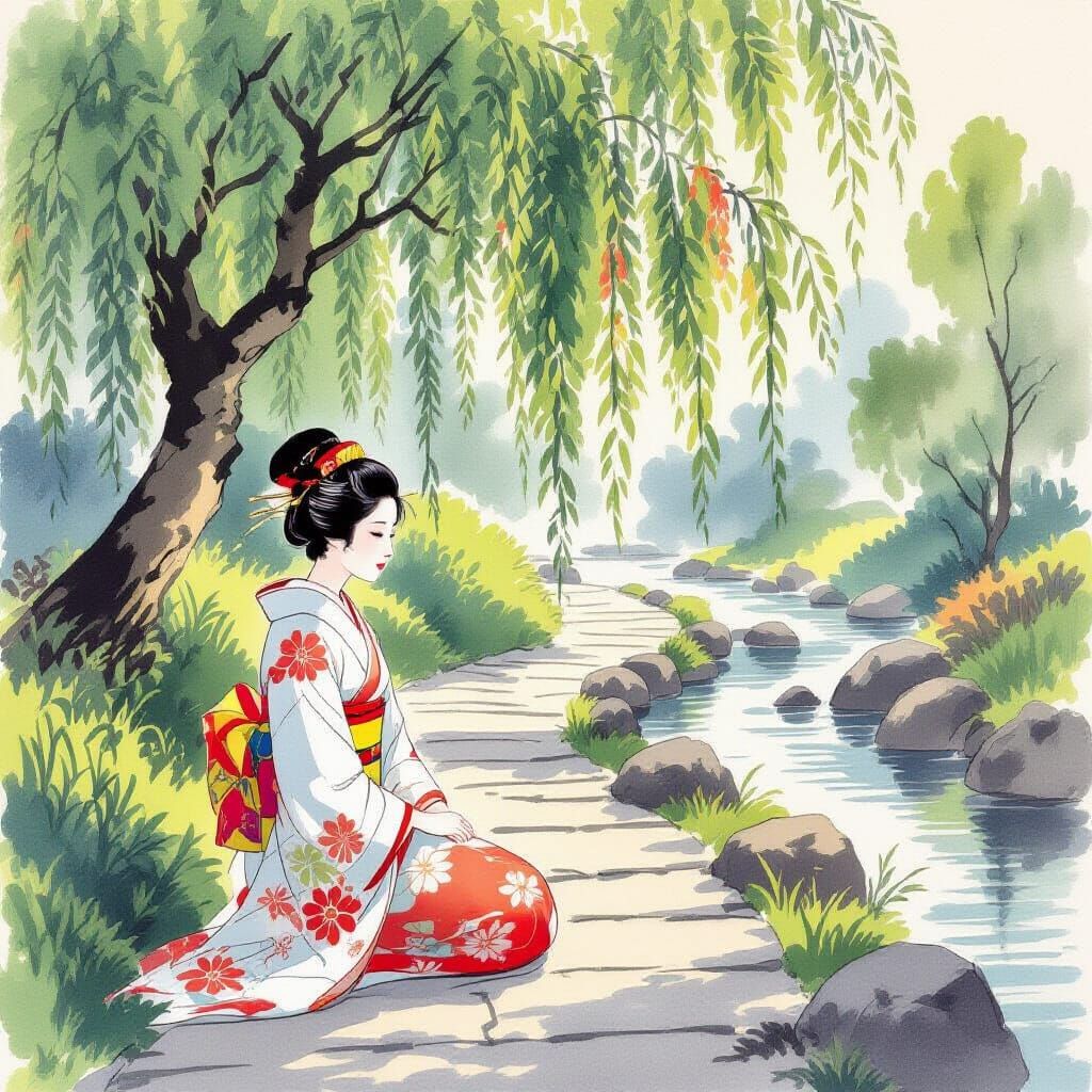 Serene Woman by Willow Tree in Ukiyo-e Style